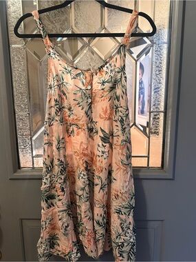 raya sun Peach Floral Mini Dress with Green Leaf Print